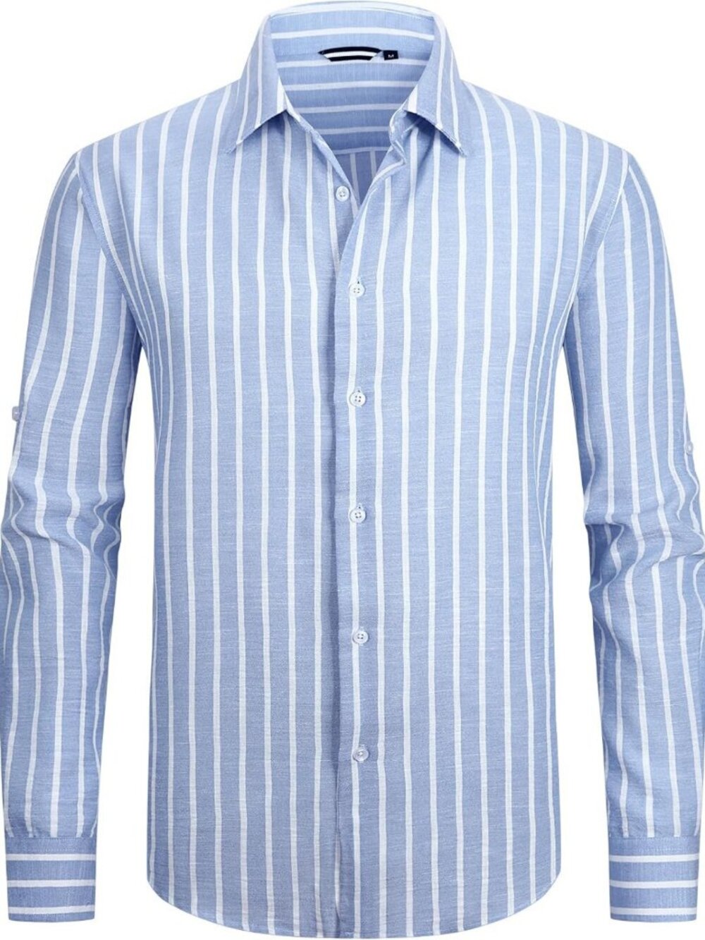 Men's Striped Linen Long Sleeve Button Down Beach Shirt - Lightweight & Stylish - Picture 7 of 8